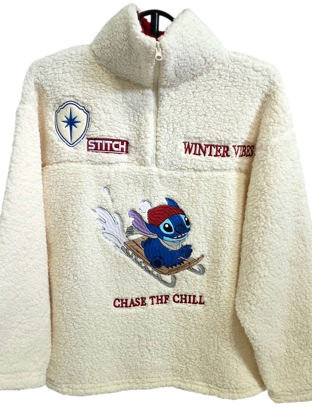 Disney Stitch Winter Vibes Sherpa Quarter-Zip Pullover Fleece Sweater Size XL